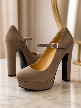 TAUPE SUEDE 5” HEEL PLATFORM ANKLE STRAP ZARA S-7